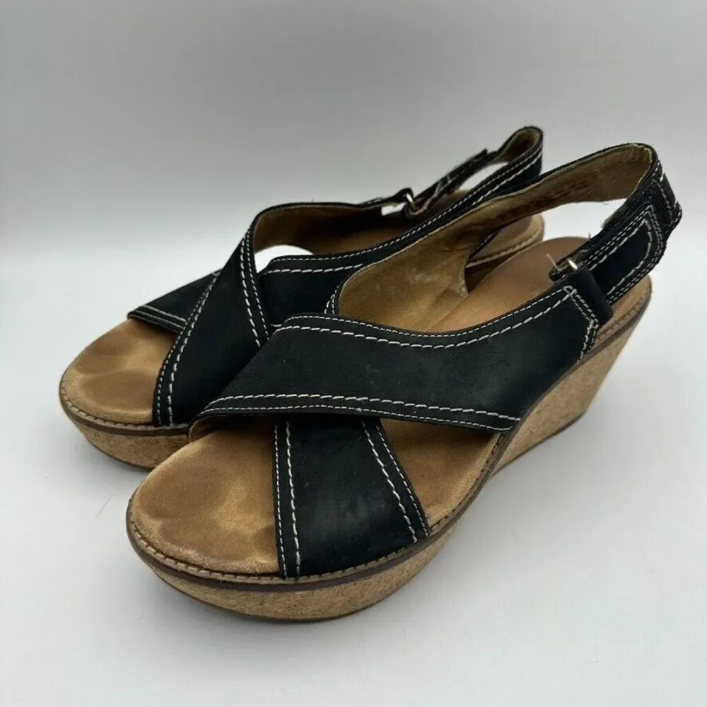 Clarks Artisan Women's Annadel Eirwyn Wedge Sandal‎ Size 7.5M Black Suede 38 EU